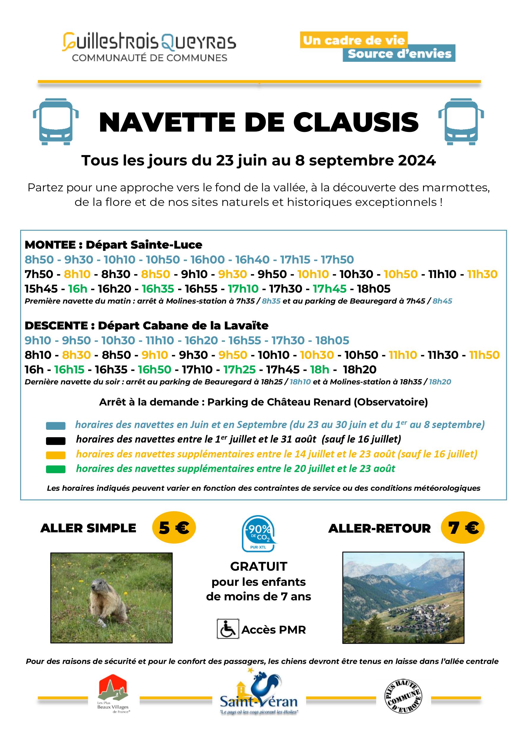 Horaires navette de Clausis 2024